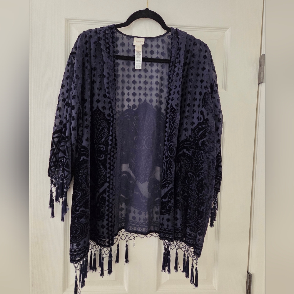 Chicos Burnout Velvet Sheer Beaded Dark Blue Overshirt/jacket/coverup